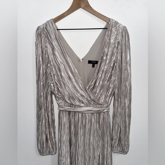 GUESS Beige Belted Tulip Skirt V-Back Long Sleeve Maxi Faux Wrap Dress - Picture 6 of 8